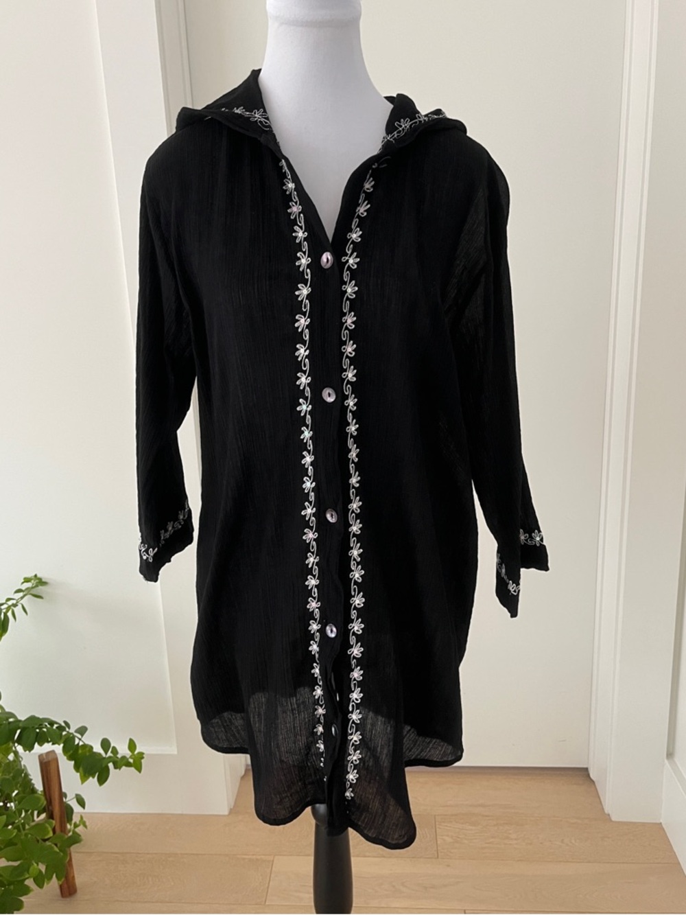 PEPPERMINT BAY Sheer Gauzy Long Sleeve Button Front Hood Swimsuit Coverup Travel